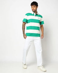 Men's Horizontal Stripes Relaxed Fit Polo Neck T-Shirt, Green, L