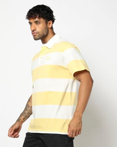 Men's Horizontal Stripes Polo Neck Polo T-Shirt, Lt. Yellow, XXL