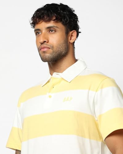 Men's Horizontal Stripes Polo Neck Polo T-Shirt, Lt. Yellow, XXL