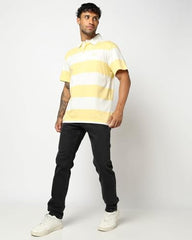 Men's Horizontal Stripes Polo Neck Polo T-Shirt, Lt. Yellow, XXL