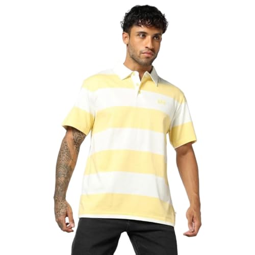 Men's Horizontal Stripes Polo Neck Polo T-Shirt, Lt. Yellow, XXL