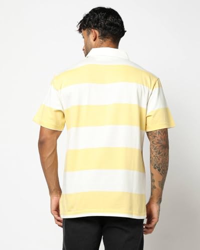 Men's Horizontal Stripes Polo Neck Polo T-Shirt, Lt. Yellow, XXL