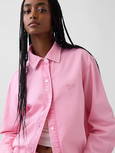Women's Logo Print Relaxed Spread Collar Shirt, Pink, M