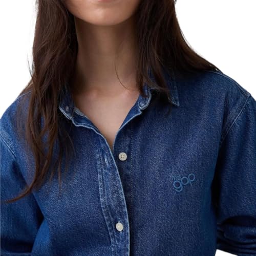 Women's Logo Print Spread Collar Relaxed Shirt, Medium Blue, M