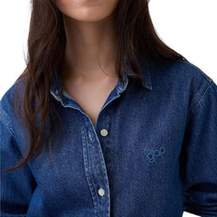 Women's Logo Print Spread Collar Relaxed Shirt, Medium Blue, M