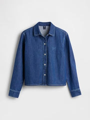 Women's Logo Print Spread Collar Relaxed Shirt, Medium Blue, M