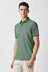 Men Green Print Polo Neck T-Shirt