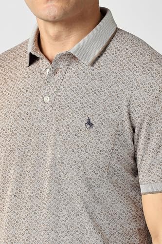 Men's grey print polo neck T-shirt by Van Heusen featuring long sleeves and a classic design, shown on a plain background.