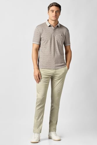 Men's grey print polo neck T-shirt by Van Heusen, featuring a casual long-sleeve design and subtle graphic print.