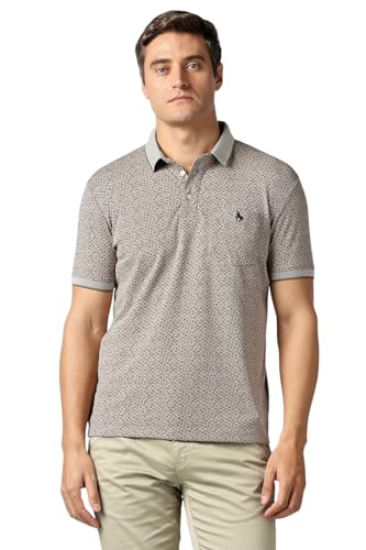 Men's grey print polo neck T-shirt from Van Heusen, featuring long sleeves and casual style, shown on a white background.