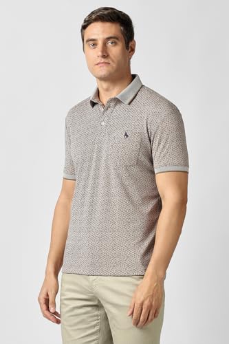 Men's grey print polo neck T-shirt by Van Heusen with short sleeves and a stylish design, displayed on a plain background.