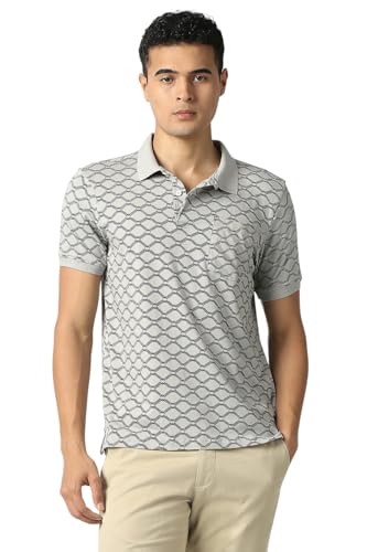 Men's grey print polo neck T-shirt by Van Heusen, short sleeve casual upper wear with a stylish printed design.