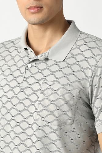 Men's grey print polo neck T-shirt by Van Heusen with long sleeves, casual style, and subtle print design.