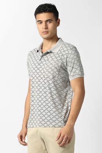 Men's grey print polo neck T-shirt by Van Heusen featuring a stylish design and comfortable fit, shown on a plain background.