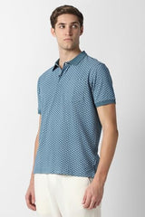 Men Blue Print Polo Neck T-Shirt