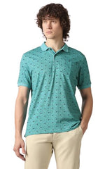 Men Teal Print Polo Neck T-Shirt
