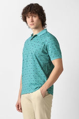 Men Teal Print Polo Neck T-Shirt