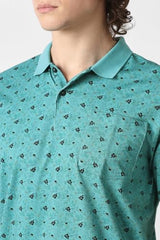 Men Teal Print Polo Neck T-Shirt