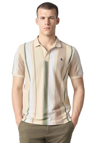 Men Beige Stripe Polo Neck T-Shirt