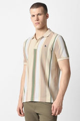 Men Beige Stripe Polo Neck T-Shirt