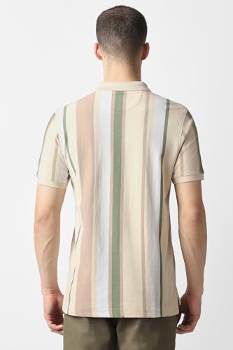 Men Beige Stripe Polo Neck T-Shirt