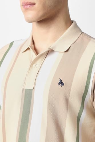 Men Beige Stripe Polo Neck T-Shirt