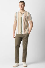 Men Beige Stripe Polo Neck T-Shirt