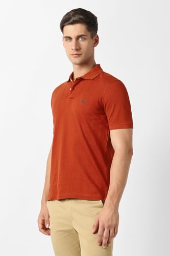 Men Orange Textured Polo Neck T-Shirt
