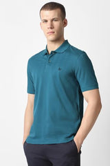Men Blue Textured Polo Neck T-Shirt