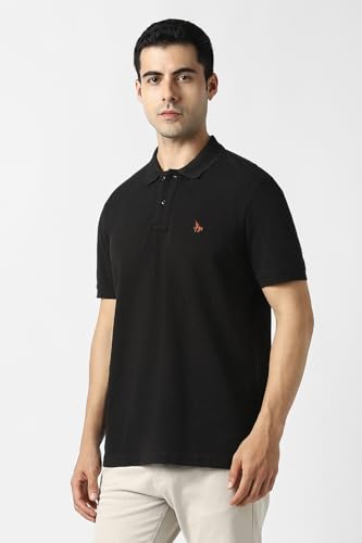 Men's black solid polo neck T-shirt by Van Heusen, short-sleeve casual upper wear, close-up of fabric and neckline.