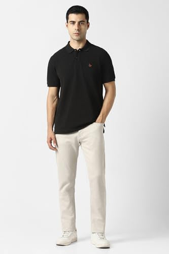 Men's black solid polo neck T-shirt by Van Heusen, short-sleeve design, close-up view of the upper part of the T-shirt.