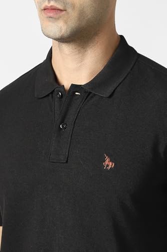 Men's black solid polo neck T-shirt by Van Heusen, featuring a classic fit and short sleeves, displayed on a plain background.
