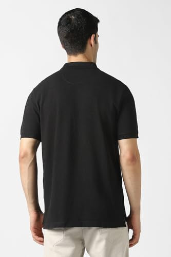 Men's black solid polo neck T-shirt by Van Heusen, short-sleeve casual upper wear, plain fabric, front view.