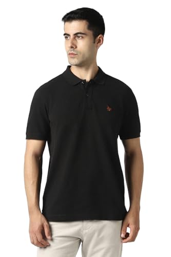 Men's black solid polo neck T-shirt from Van Heusen, long-sleeve casual upper wear, shown on a plain background.