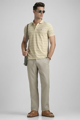 Men Bamboo Blend Beige Print Polo Neck Summer Casual T-Shirt