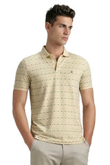 Men Bamboo Blend Beige Print Polo Neck Summer Casual T-Shirt