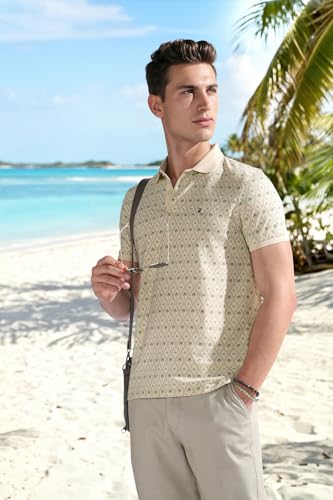 Men Bamboo Blend Beige Print Polo Neck Summer Casual T-Shirt