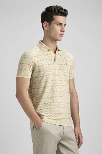 Men Bamboo Blend Beige Print Polo Neck Summer Casual T-Shirt