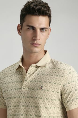 Men Bamboo Blend Beige Print Polo Neck Summer Casual T-Shirt