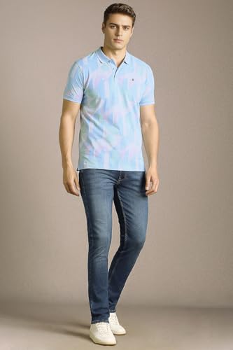 Men Light Blue Print Polo Neck T-Shirt