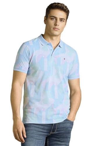 Men Light Blue Print Polo Neck T-Shirt