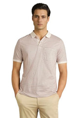 Men Beige Stripe Polo Neck T-Shirt