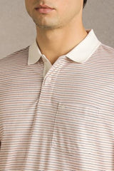 Men Beige Stripe Polo Neck T-Shirt