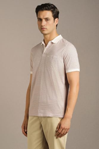 Men Beige Stripe Polo Neck T-Shirt