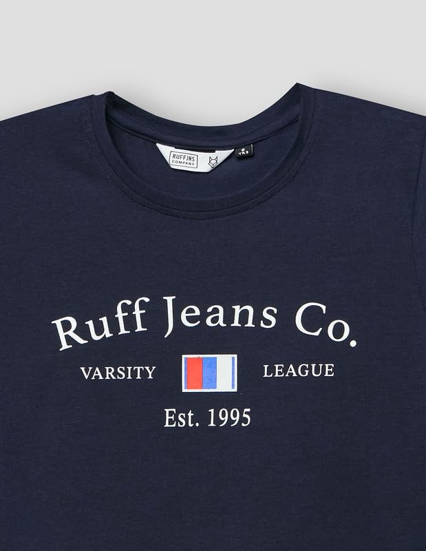 RUFF Printed Cotton T-Shirt | Round Neck | Half Sleeves | Regular Fit | Casual Wear Navy
