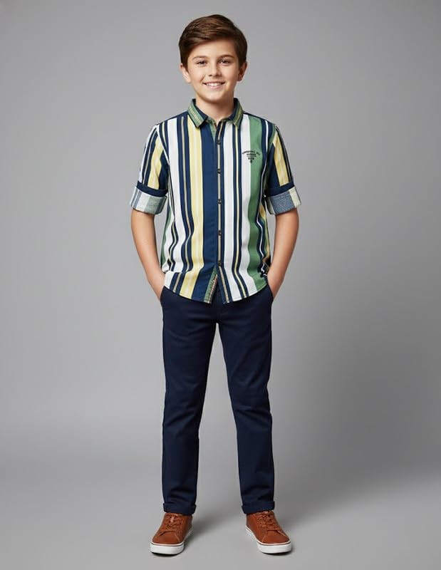 RUFF Striped Cotton Shirt | Collared Neck | Full Sleeves | Regular Fit | Casual Wear Green