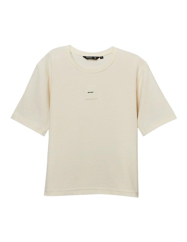 RUFF Off White Cotton Ribbed Textured Round Neck Down Shoulder T-Shirt | Half Sleeves | Casual Wear