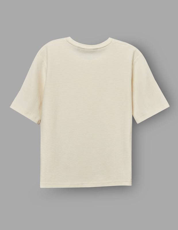 RUFF Off White Cotton Ribbed Textured Round Neck Down Shoulder T-Shirt | Half Sleeves | Casual Wear