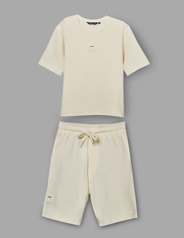 RUFF Off White Cotton Ribbed Textured Round Neck Down Shoulder T-Shirt | Half Sleeves | Casual Wear