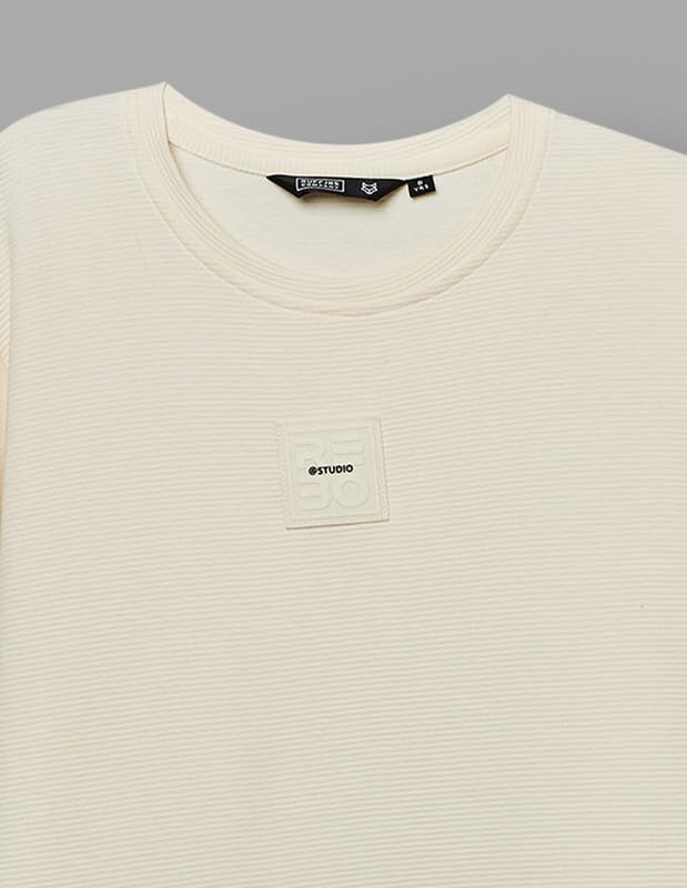 RUFF Off White Cotton Ribbed Textured Round Neck Down Shoulder T-Shirt | Half Sleeves | Casual Wear